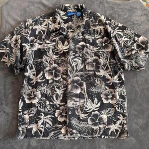 Vintage Ocean Pacific OP Black White Floral Hawaiian Shirt with Short Sleeves L